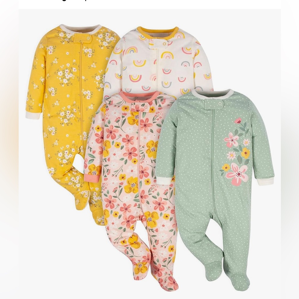 Gerber Kids One Piece Footies - Yellow, Pink, Green Floral and Rainbow